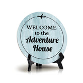 Sign ByLITA Circle Welcome to the Adventure House Wood Color, Entrance Decor Table Sign (5"x5")