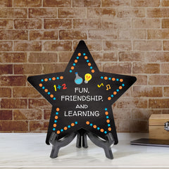 Sign ByLITA Fun, Friendship, and Learning Star Table Sign with Acrylic Stand (7.5x7.5“) Development | Kindergarten Classroom Essentials | Nurture Young Minds | Fun & Educational Supplies | Easy to Read | Includes Easel Stand