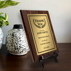 Thank You Gratitude and Appreciation Customizable Award Plaque |Easel Mount Option | Recognition of Achievement and Service Personalizable Plaques