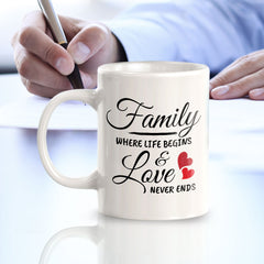 Family Where Life Begins & Love Never Ends 11oz Plastic or Ceramic Coffee Mug | Cute Loving Family Cups