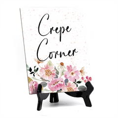Crepe Corner Table Sign with Easel, Floral Watercolor Design (6" x 8")