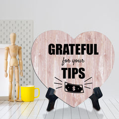 Signs ByLITA Heart Grateful for Your Tips, Wood Color, Table Sign (6"x5")