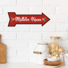 Arrow Shape Plus Mistletoe Kisses 12x4" Wall or Door Sign | Christmas Holiday Decoration