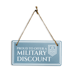 Proud to Offer A Military Discount 5x10 Hanging Plus Wall or Door Sign | Rustic Twine | Business Veteran Support Signage