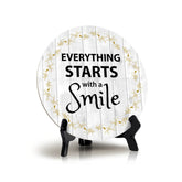 Signs ByLITA Circle Everything Starts With a Smile Wood Color, Table Sign (5"x5")