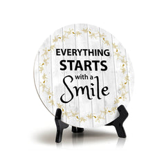 Signs ByLITA Circle Everything Starts With a Smile Wood Color, Table Sign (5"x5")