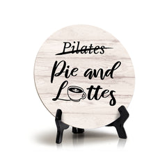 Round Pilates (Crossed Out), Pie and lattes (Bold) Wood Color, Circle Table Sign (5x5")