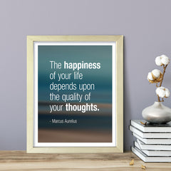 The happiness of your life depends upon the quality of your thoughts - Marcus Aurelius, Framed Print | Stoic Wisdom Inspirational Quotes