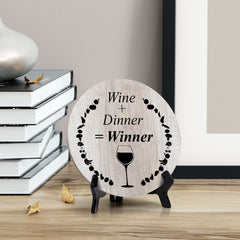 Round Wine + Dinner = Winner, Wood Color, Circle Table Sign (5x5")
