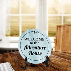 Sign ByLITA Circle Welcome to the Adventure House Wood Color, Entrance Decor Table Sign (5"x5")