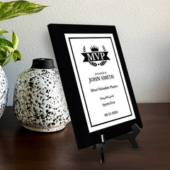 MVP (Most Valuable Player) Customizable Black Frame Award Plaque | Easel Mount Option | Achievement and Recognition Personalizable Plaques