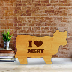 I (Heart Icon) Meat 14.75 x 9.75" Cow Shape Cutting Board | Funny Kitchen Chopping Board