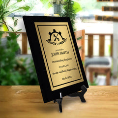 Engineering and Mechanics Theme Customizable Black Frame Award Plaque | Easel Mount Option | Recognition of Achievement and Service Personalizable Plaques