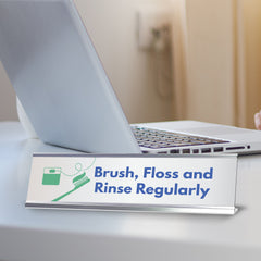 Signs ByLITA Brush, Floss and Rinse Regularly Dental Office Decor Silver Frame, Desk Sign (2x8“)