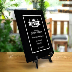 MVP (Most Valuable Player) Customizable Black Frame Award Plaque | Easel Mount Option | Achievement and Recognition Personalizable Plaques