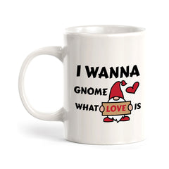 I Wanna Gnome What Love is 11oz Plastic or Ceramic Coffee Mug | Cute and Funny Romantic Novelty Mugs