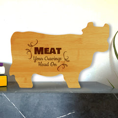 Meat Your Cravings Head On 14.75 x 9.75" Cow Shape Cutting Board | Funny Kitchen Chopping Board