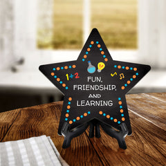 Sign ByLITA Fun, Friendship, and Learning Star Table Sign with Acrylic Stand (7.5x7.5“) Development | Kindergarten Classroom Essentials | Nurture Young Minds | Fun & Educational Supplies | Easy to Read | Includes Easel Stand