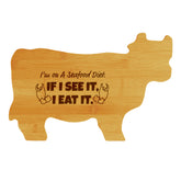 I'm on A Seafood Diet. If I See it, I Eat It. 14.75 x 9.75" Cow Shape Cutting Board | Funny Kitchen Chopping Board