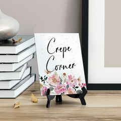 Crepe Corner Table Sign with Easel, Floral Watercolor Design (6" x 8")