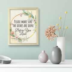 Signs ByLITA Please Make Sure The Dishes Are Done Before You Leave, Floral FRAMED Print Short Term Rentals Guest Signage Kitchen Hospitality Wall Art