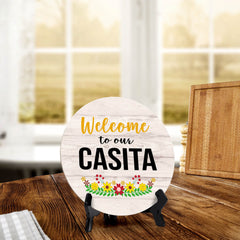 Signs ByLITA Circle Welcome to our Casita Wood Color, Entrance Decor Table Sign (5"x5")