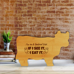 I'm on A Seafood Diet. If I See it, I Eat It. 14.75 x 9.75" Cow Shape Cutting Board | Funny Kitchen Chopping Board