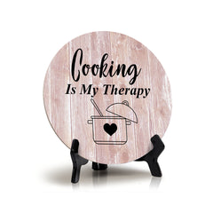 Round Cooking Is My Therapy, Wood Color, Table Sign (5x5")