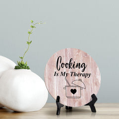 Round Cooking Is My Therapy, Wood Color, Table Sign (5x5")