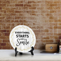 Signs ByLITA Circle Everything Starts With a Smile Wood Color, Table Sign (5"x5")