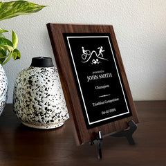 Triathlon Customizable Wooden Award Plaque | Easel Mount Option | Achievement and Recognition Personalizable Plaques
