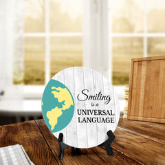 Sign ByLITA Circle Smiling is a Universal Language Wood Color, Table Sign (5"x5")