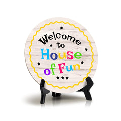 Signs ByLITA Circle Welcome To House Of Fun Wood Color, Entrance Decor Table Sign (5x5")