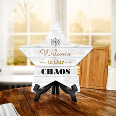 Sign ByLITA Welcome to Our Chaos, Wood Color, Star Bathroom Table Sign (6"x5")