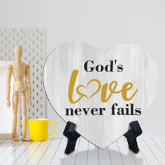 Signs ByLITA Heart God's love never fails, Wood Color, Table Sign (6"x5")