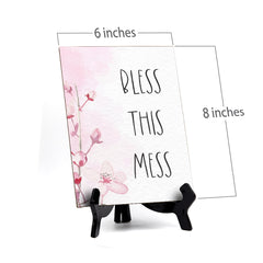 Bless This Mess Table Sign with Easel, Floral Vine Design (6 x 8")