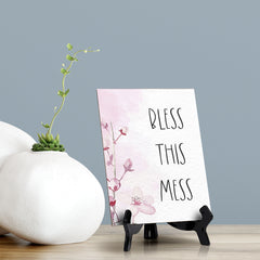 Bless This Mess Table Sign with Easel, Floral Vine Design (6 x 8")