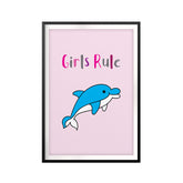 Girls Rule Cute Dolphin UNFRAMED Print Kids Bathroom Wall Art