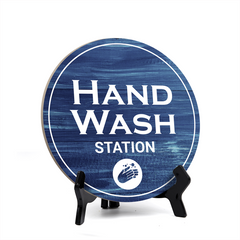 Round Hand Wash Station, Decorative Bathroom Table Sign with Acrylic Easel (5 x 5")