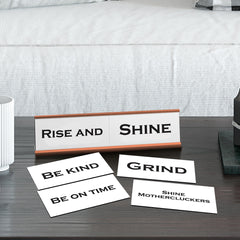 Rise and Shine Word Play Nameplate, Rose Gold Desk Sign, Novelty Gift Nameplate, 6 Interchangeable Tiles (2 x 8")