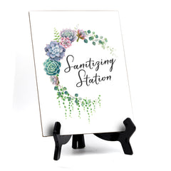 Sanitizing Station Sign with Easel, Floral Crescent Design (6" x 8")