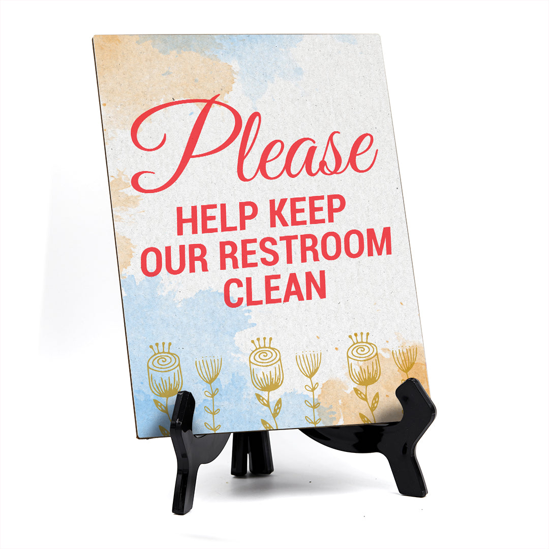 Signs ByLita Please Help Keep Our Restroom Clean, Blue Watercolor Table Sign (6 x 8")