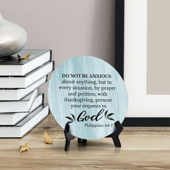 Round Do Not Be Anxious About Anything... Philippians 4:6-7 Blue Wood Color Circle Table Sign (5x5")
