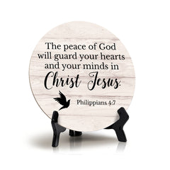 Round The Peace Of God Will Guard Your Hearts And Your Minds In Christ Jesus. Philippians 4:7 Wood Color Circle Table Sign (5x5")