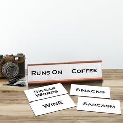 Runs On Word Play Nameplate, Rose Gold Desk Sign, Novelty Gift Nameplate, 6 Interchangeable Tiles (2 x 8")