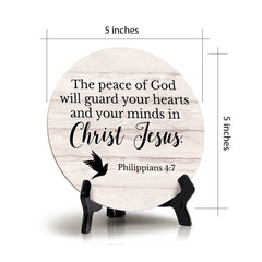 Round The Peace Of God Will Guard Your Hearts And Your Minds In Christ Jesus. Philippians 4:7 Wood Color Circle Table Sign (5x5")