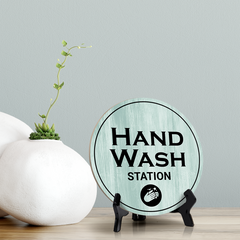 Round Hand Wash Station, Decorative Bathroom Table Sign with Acrylic Easel (5 x 5")
