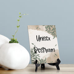 Unisex Restroom Table Sign with Green Leaves Design (6 x 8")