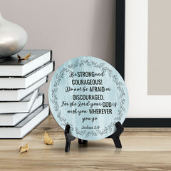 Be Strong and Courageous! Joshua 1:9 Blue Wood Color Circle Table Sign (5" X 5")