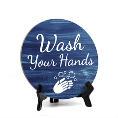 Round Wash Your Hands, Decorative Bathroom Table Sign with Acrylic Easel (5 x 5")